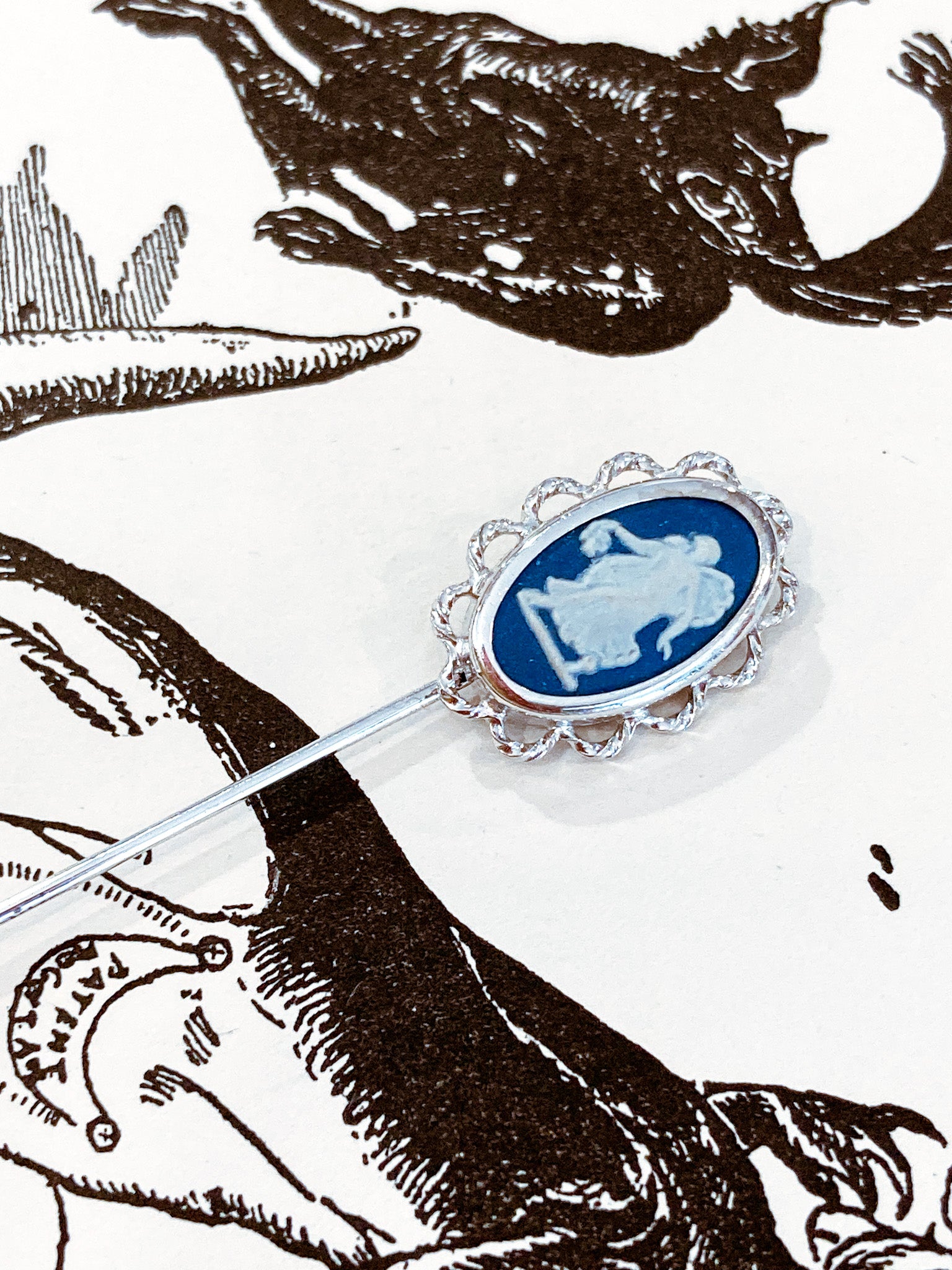 Vintage Wedgwood Blue Jasperware Stainless Steel Cameo Stick Pin Brooch