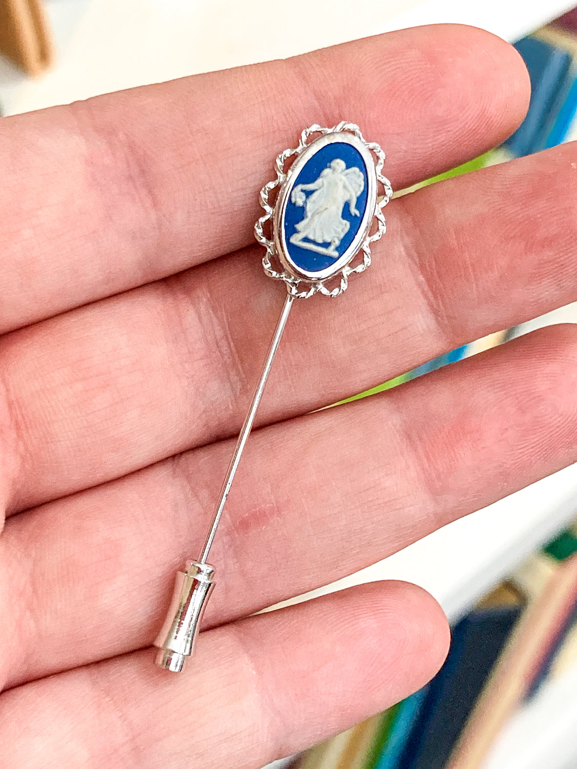Vintage Wedgwood Blue Jasperware Stainless Steel Cameo Stick Pin Brooch