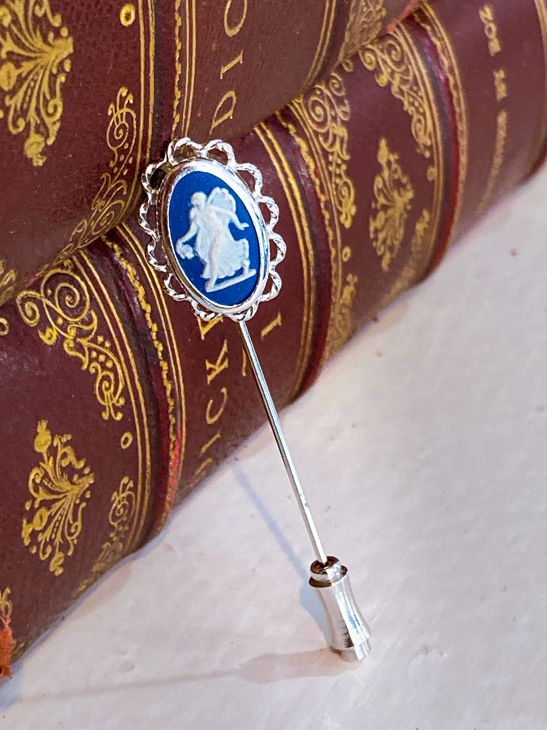 Vintage Wedgwood Blue Jasperware Stainless Steel Cameo Stick Pin Brooch