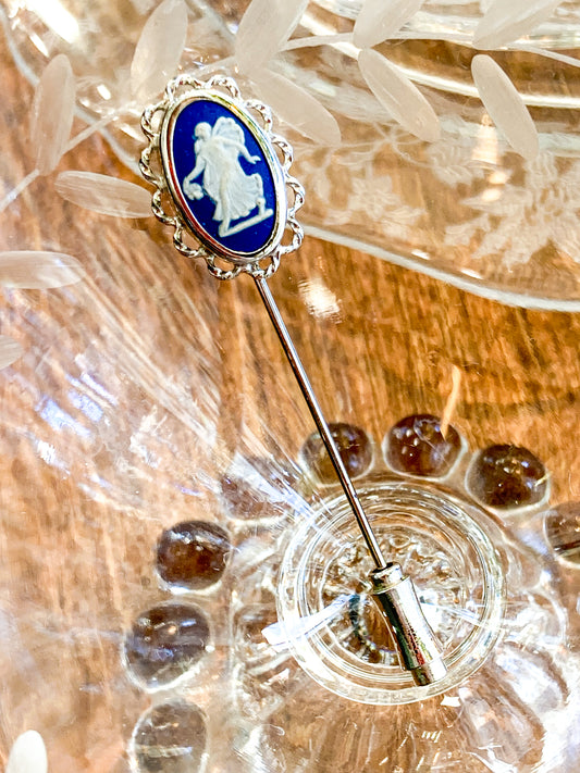 Vintage Wedgwood Blue Jasperware Stainless Steel Cameo Stick Pin Brooch