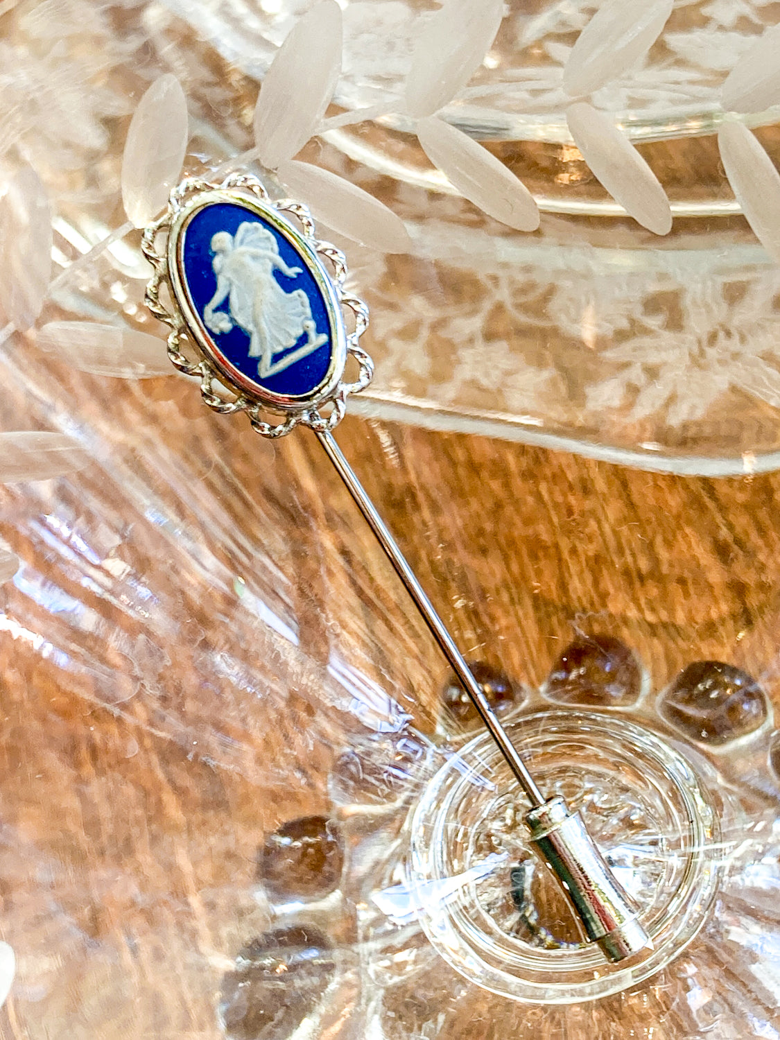 Vintage Wedgwood Blue Jasperware Stainless Steel Cameo Stick Pin Brooch