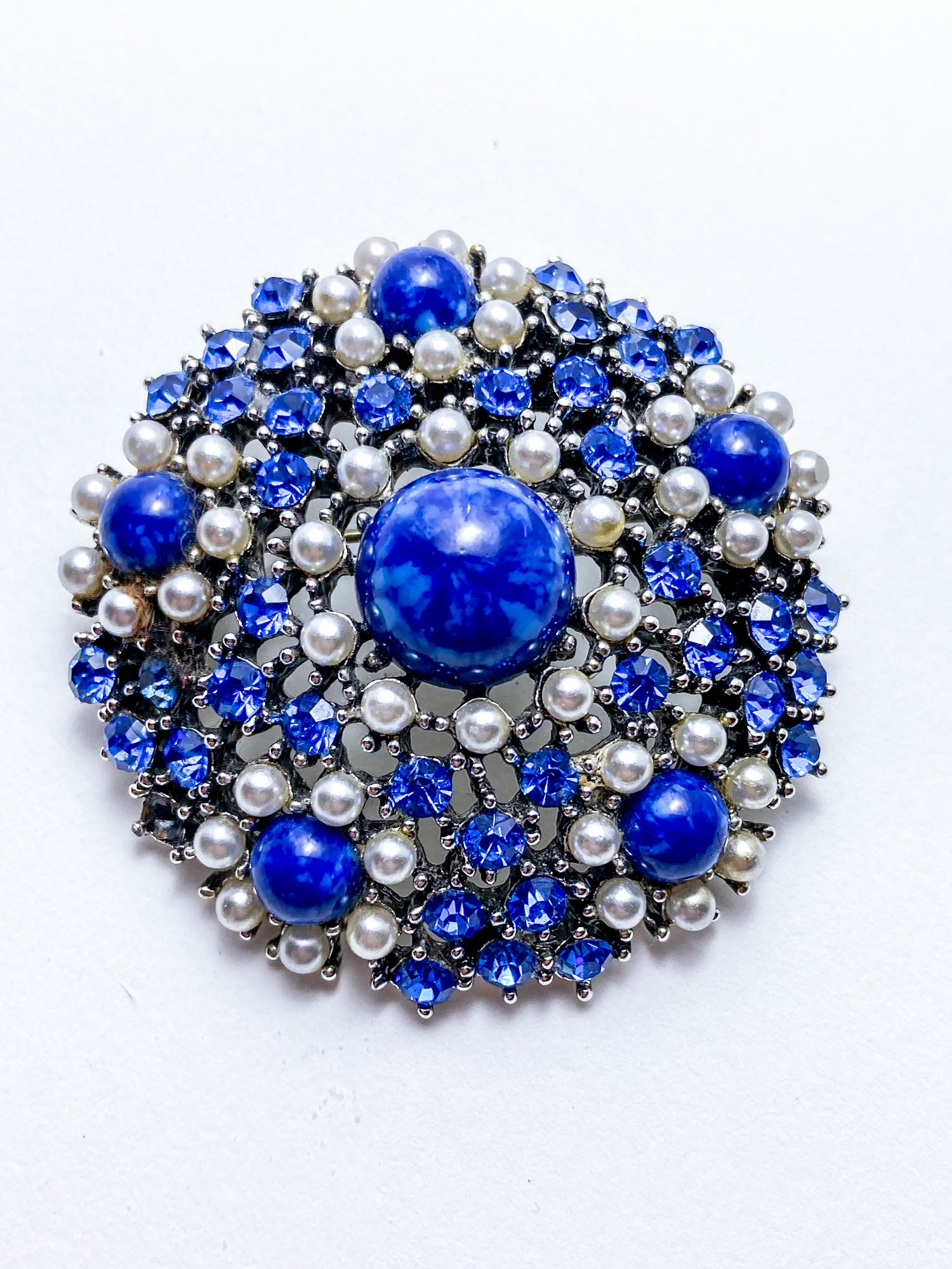 Vintage Weiss Blue Rhinestone Seed Pearl Faux Lapis Statement Brooch Pin