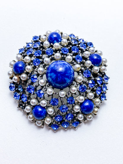 Vintage Weiss Blue Rhinestone Seed Pearl Faux Lapis Statement Brooch Pin
