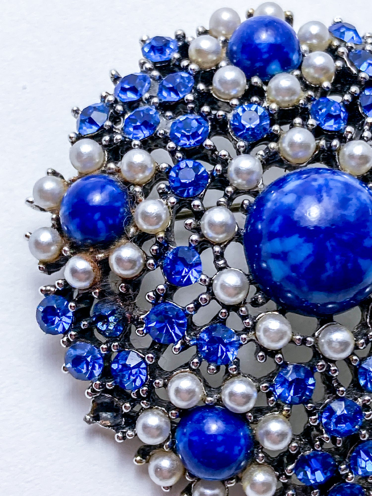 Vintage Weiss Blue Rhinestone Seed Pearl Faux Lapis Statement Brooch Pin