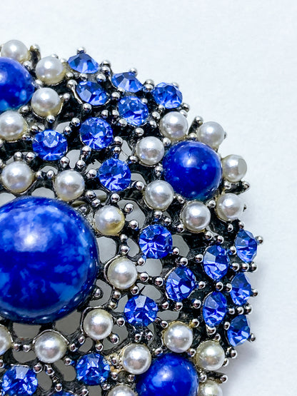 Vintage Weiss Blue Rhinestone Seed Pearl Faux Lapis Statement Brooch Pin