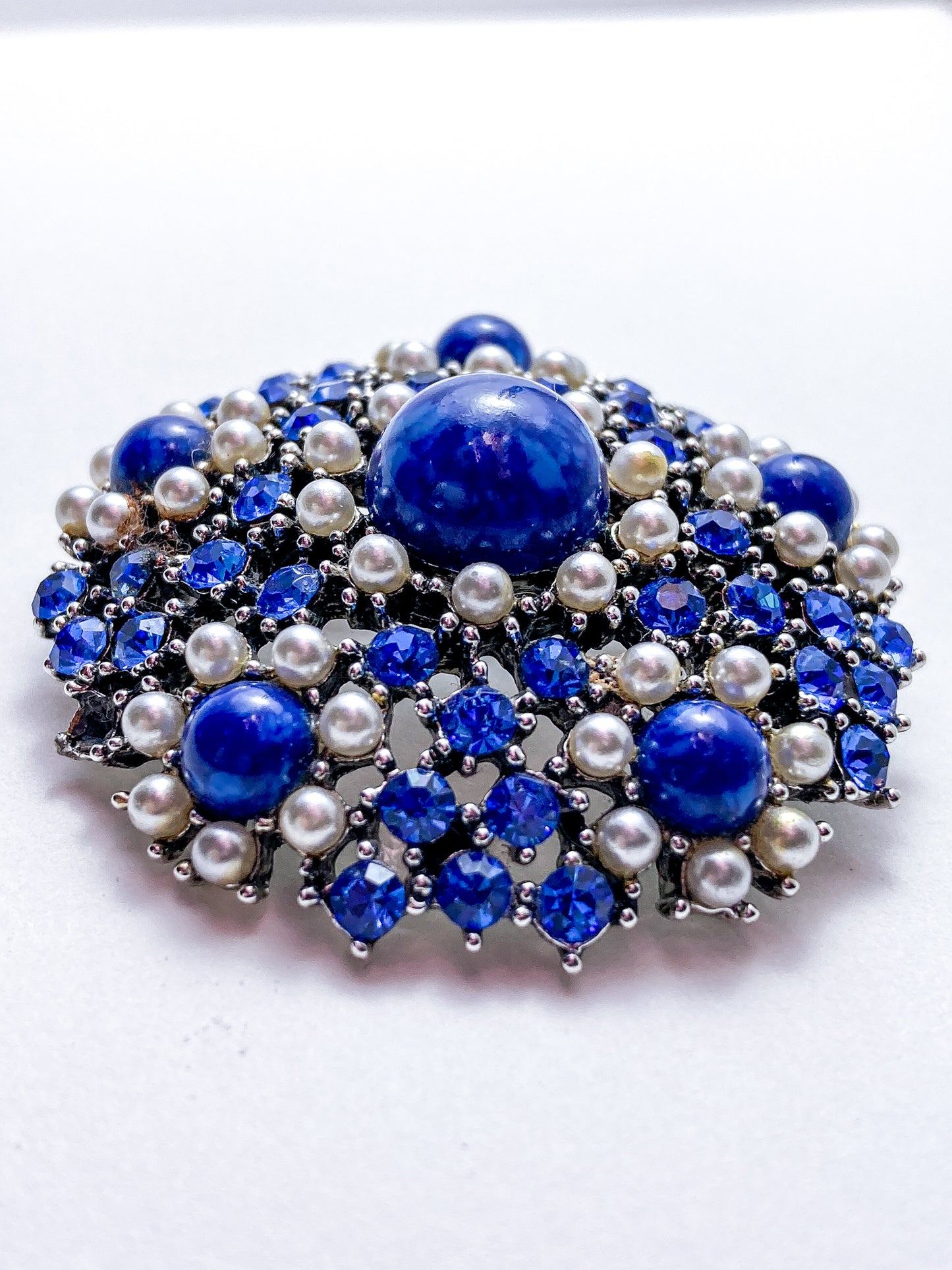 Vintage Weiss Blue Rhinestone Seed Pearl Faux Lapis Statement Brooch Pin