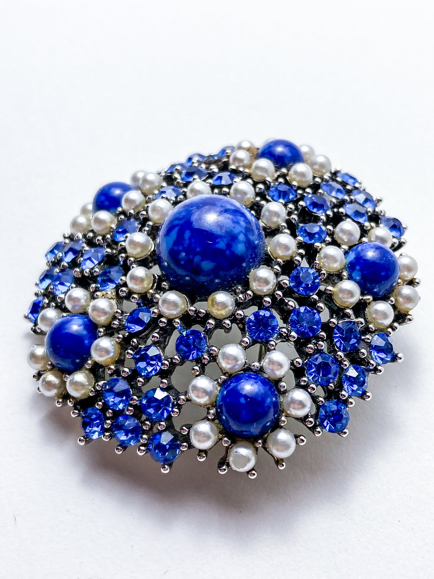 Vintage Weiss Blue Rhinestone Seed Pearl Faux Lapis Statement Brooch Pin