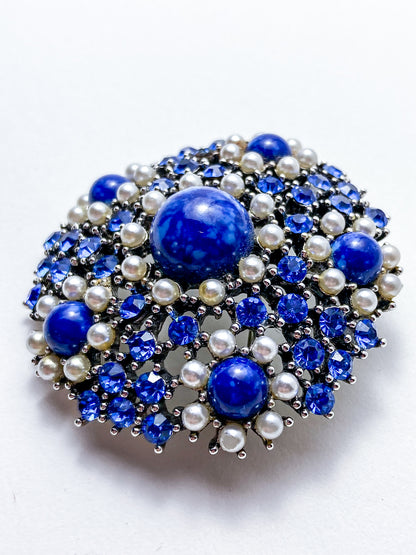 Vintage Weiss Blue Rhinestone Seed Pearl Faux Lapis Statement Brooch Pin