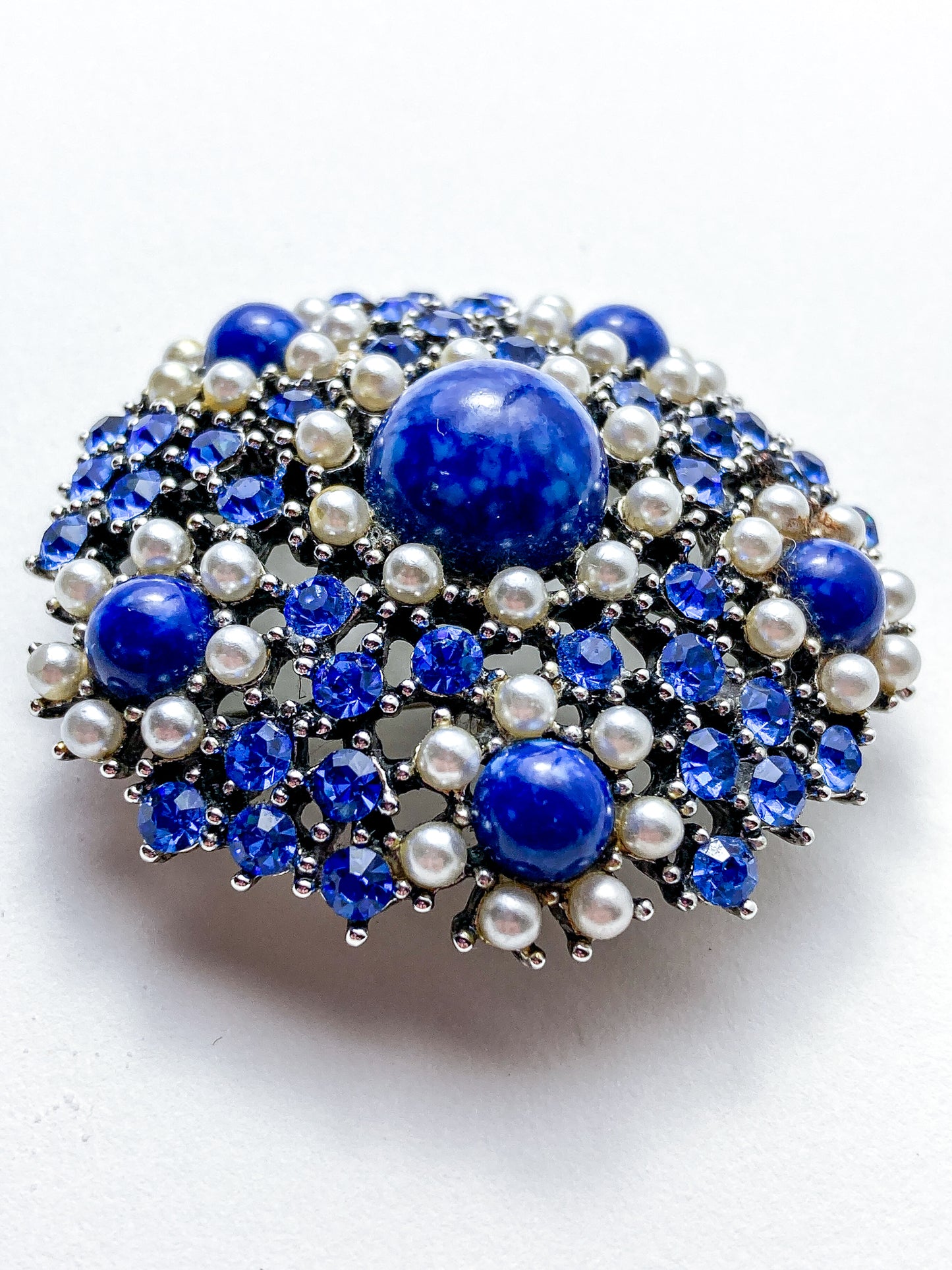 Vintage Weiss Blue Rhinestone Seed Pearl Faux Lapis Statement Brooch Pin