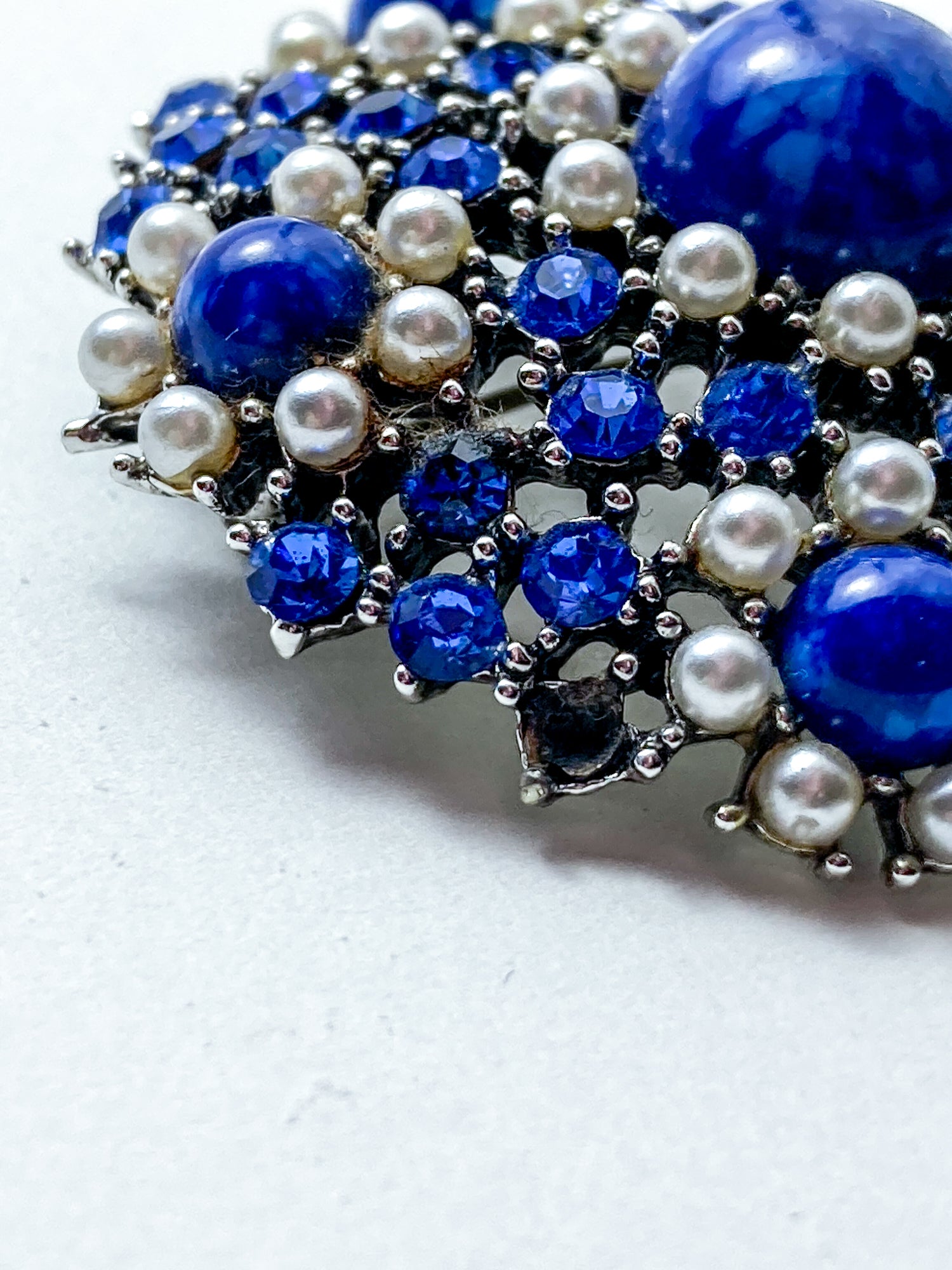Vintage Weiss Blue Rhinestone Seed Pearl Faux Lapis Statement Brooch Pin