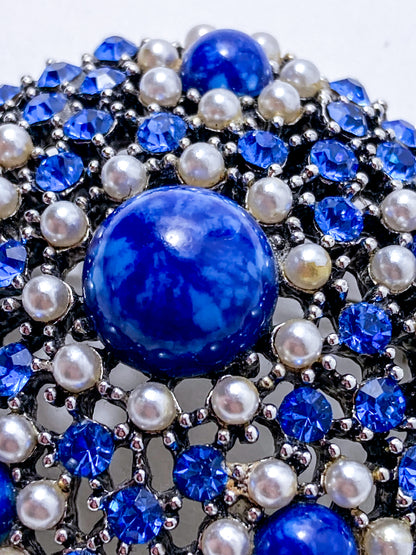 Vintage Weiss Blue Rhinestone Seed Pearl Faux Lapis Statement Brooch Pin