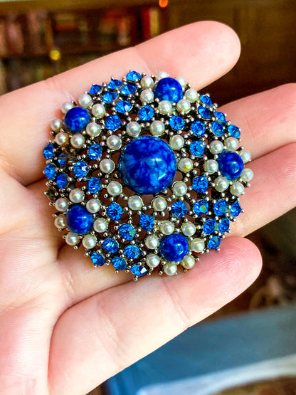 Vintage Weiss Blue Rhinestone Seed Pearl Faux Lapis Statement Brooch Pin