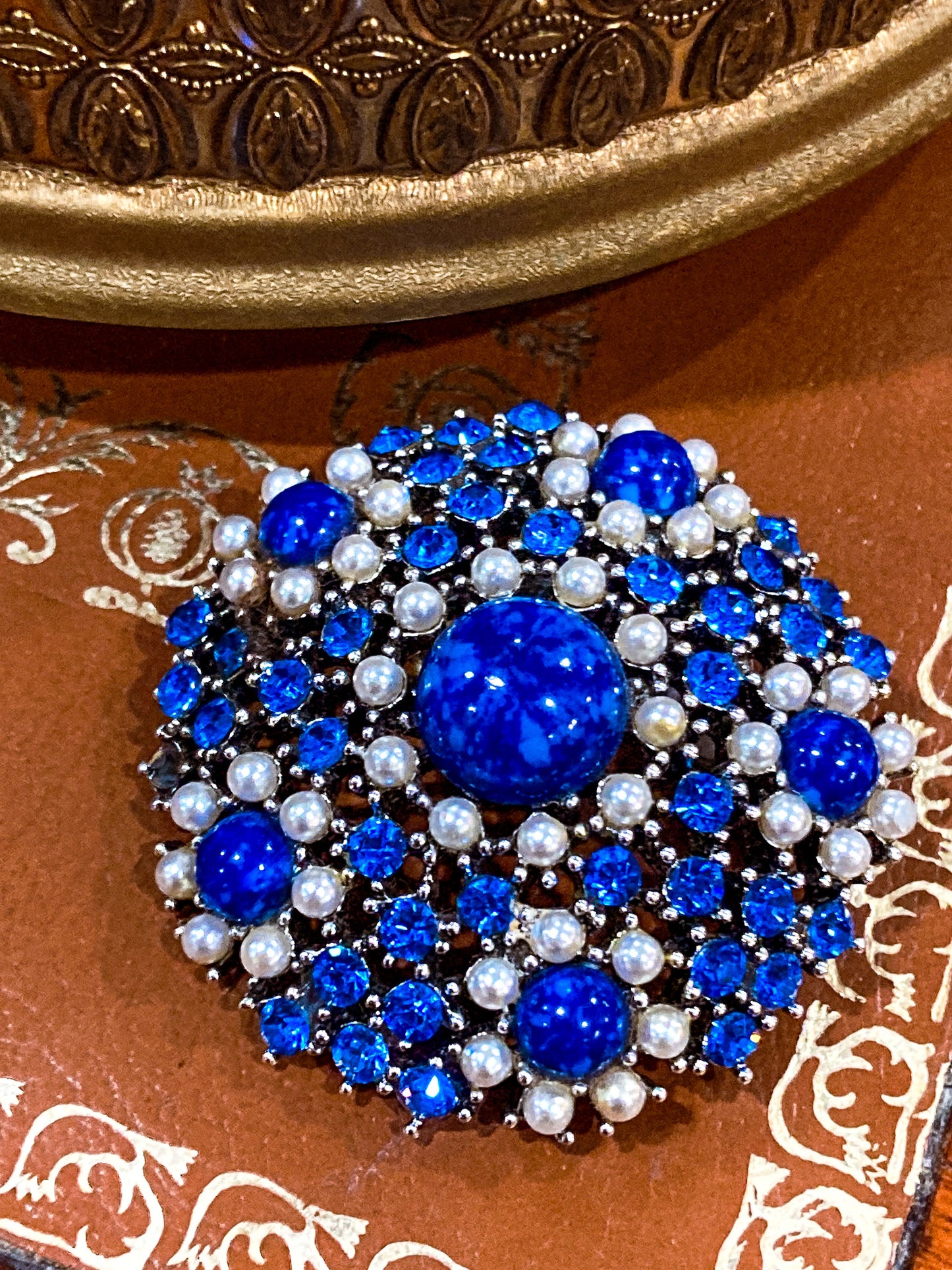 Vintage Weiss Blue Rhinestone Seed Pearl Faux Lapis Statement Brooch Pin