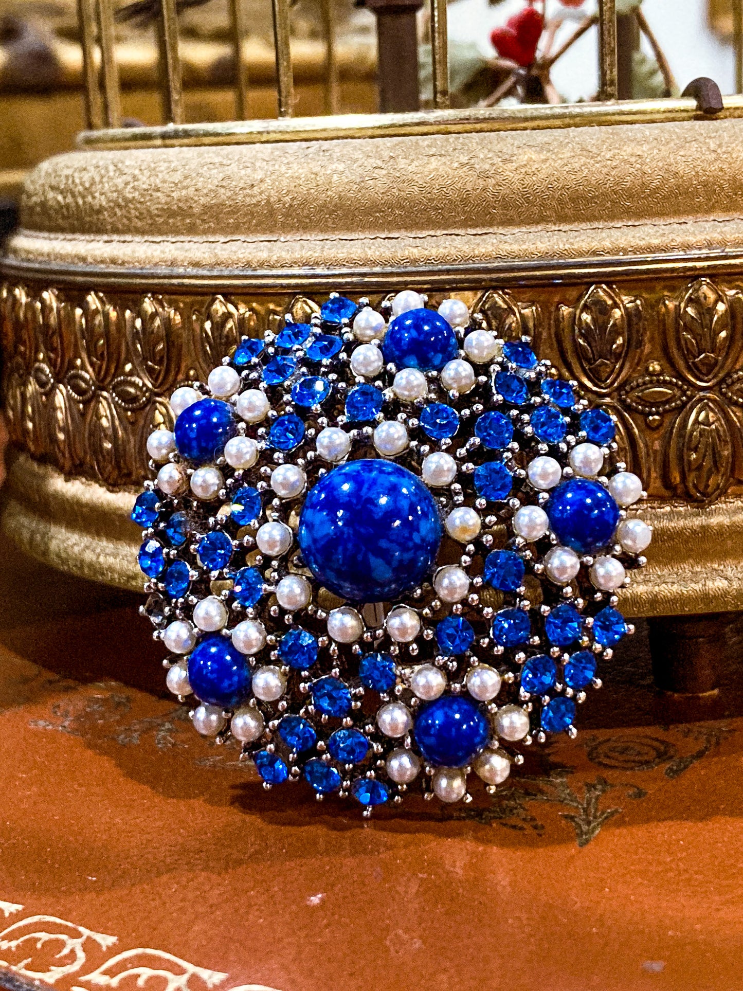 Vintage Weiss Blue Rhinestone Seed Pearl Faux Lapis Statement Brooch Pin