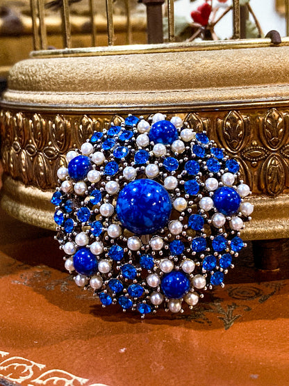 Vintage Weiss Blue Rhinestone Seed Pearl Faux Lapis Statement Brooch Pin