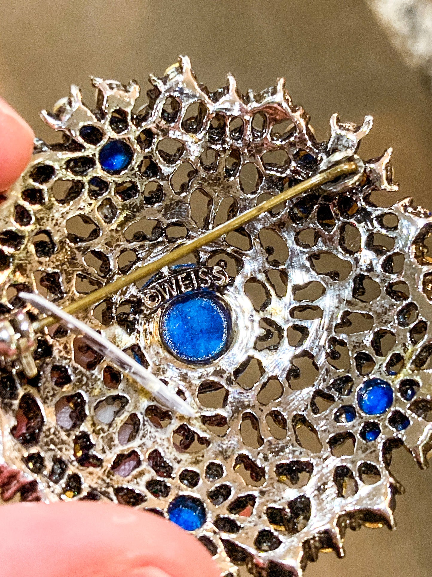 Vintage Weiss Blue Rhinestone Seed Pearl Faux Lapis Statement Brooch Pin