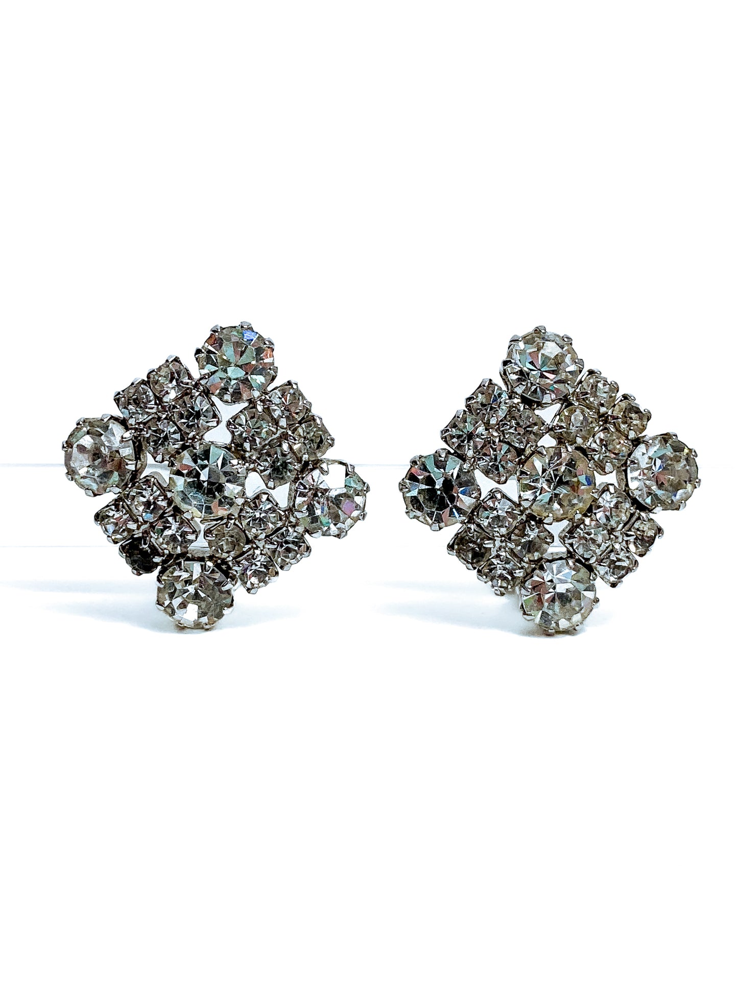 Vintage WEISS Clear Glass Rhinestone Diamond Square Clip On Earrings