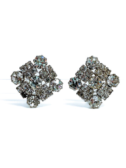 Vintage WEISS Clear Glass Rhinestone Diamond Square Clip On Earrings