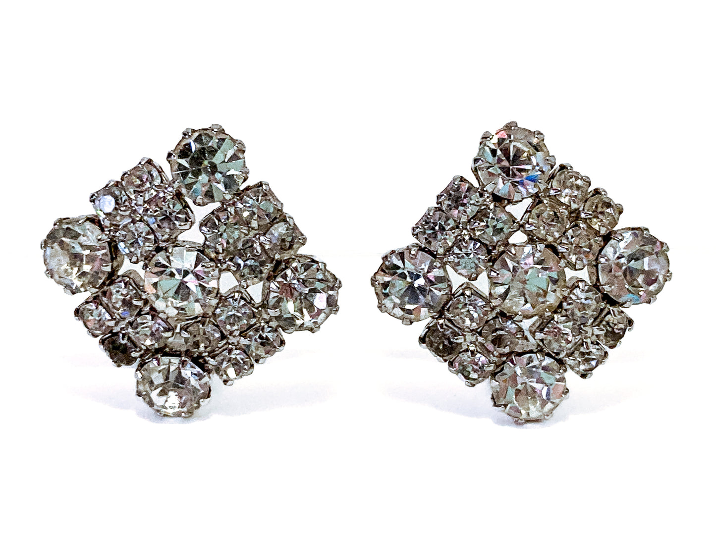 Vintage WEISS Clear Glass Rhinestone Diamond Square Clip On Earrings