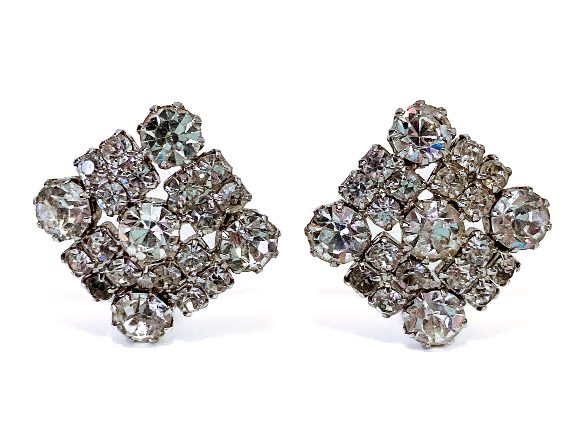 Vintage WEISS Clear Glass Rhinestone Diamond Square Clip On Earrings