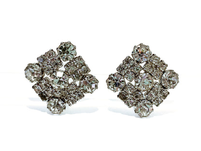 Vintage WEISS Clear Glass Rhinestone Diamond Square Clip On Earrings