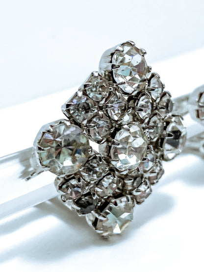 Vintage WEISS Clear Glass Rhinestone Diamond Square Clip On Earrings
