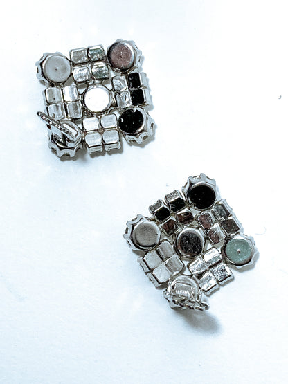 Vintage WEISS Clear Glass Rhinestone Diamond Square Clip On Earrings