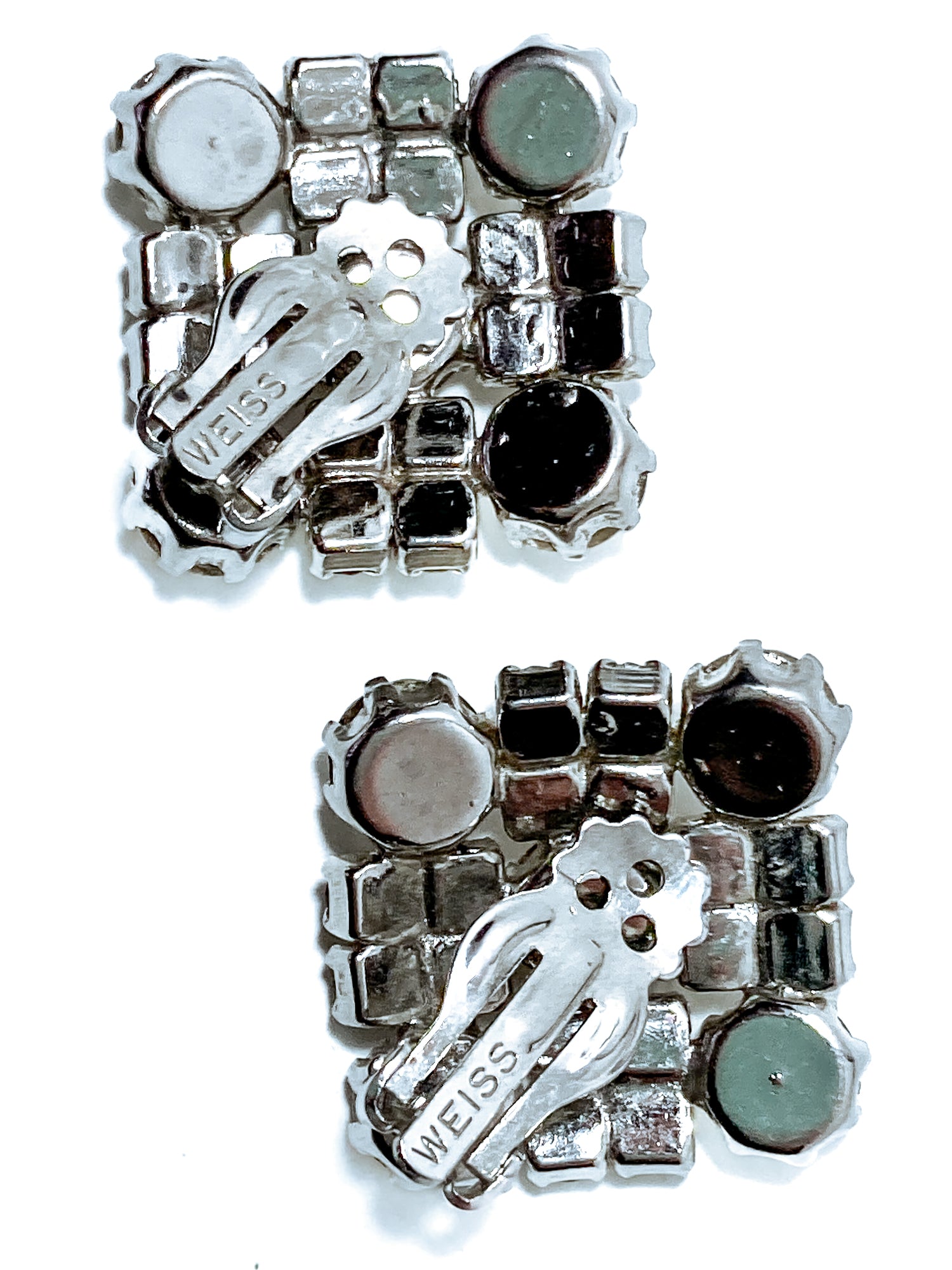 Vintage WEISS Clear Glass Rhinestone Diamond Square Clip On Earrings