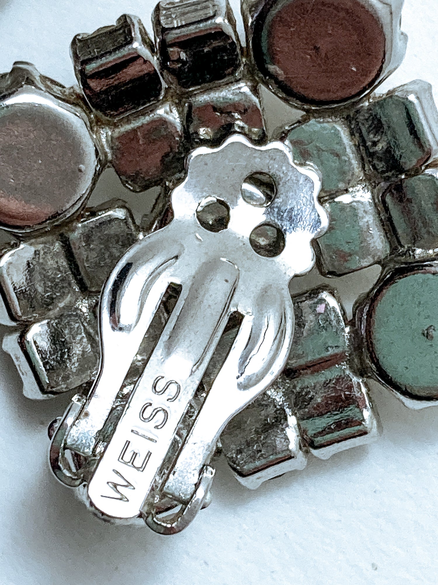 Vintage WEISS Clear Glass Rhinestone Diamond Square Clip On Earrings