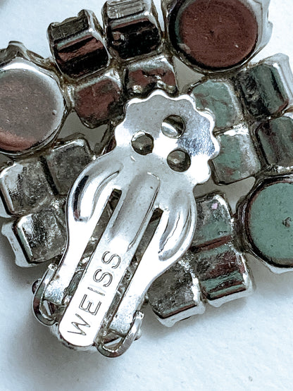 Vintage WEISS Clear Glass Rhinestone Diamond Square Clip On Earrings