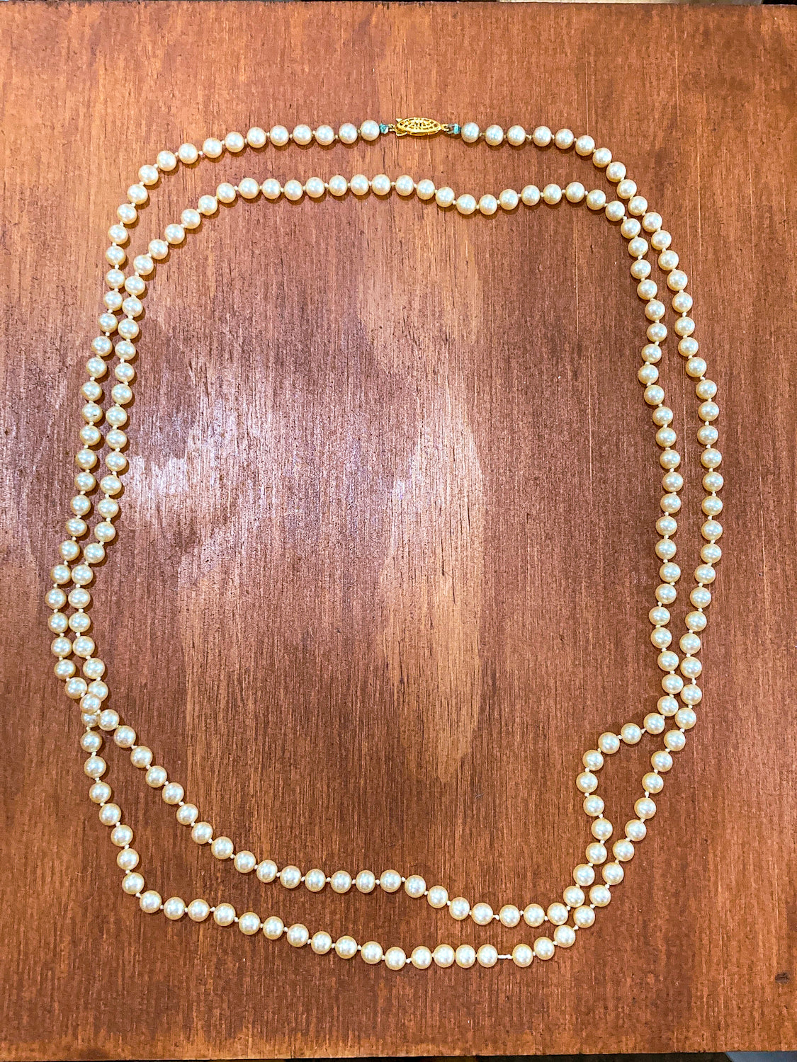 Vintage Yellow Gold Plated Silver Hand Knotted Extra Long Pearl Necklace