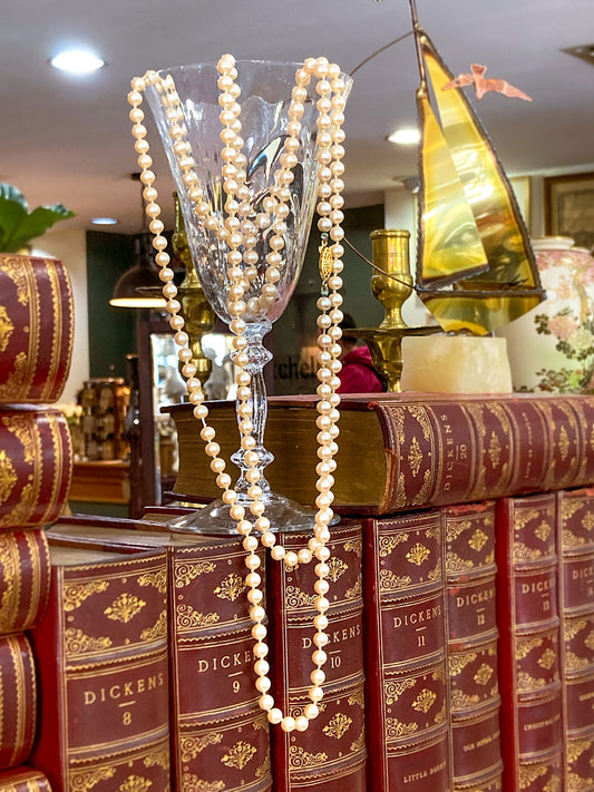 Vintage Yellow Gold Plated Silver Hand Knotted Extra Long Pearl Necklace