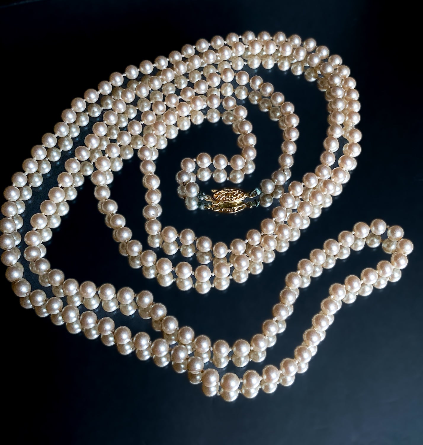 Vintage Yellow Gold Plated Silver Hand Knotted Extra Long Pearl Necklace
