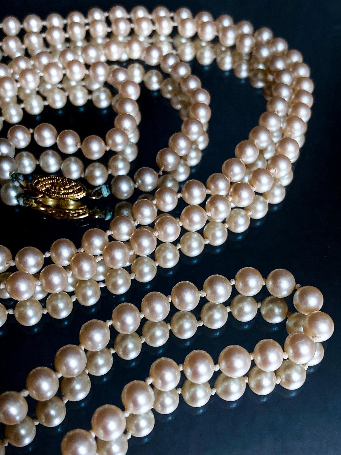 Vintage Yellow Gold Plated Silver Hand Knotted Extra Long Pearl Necklace