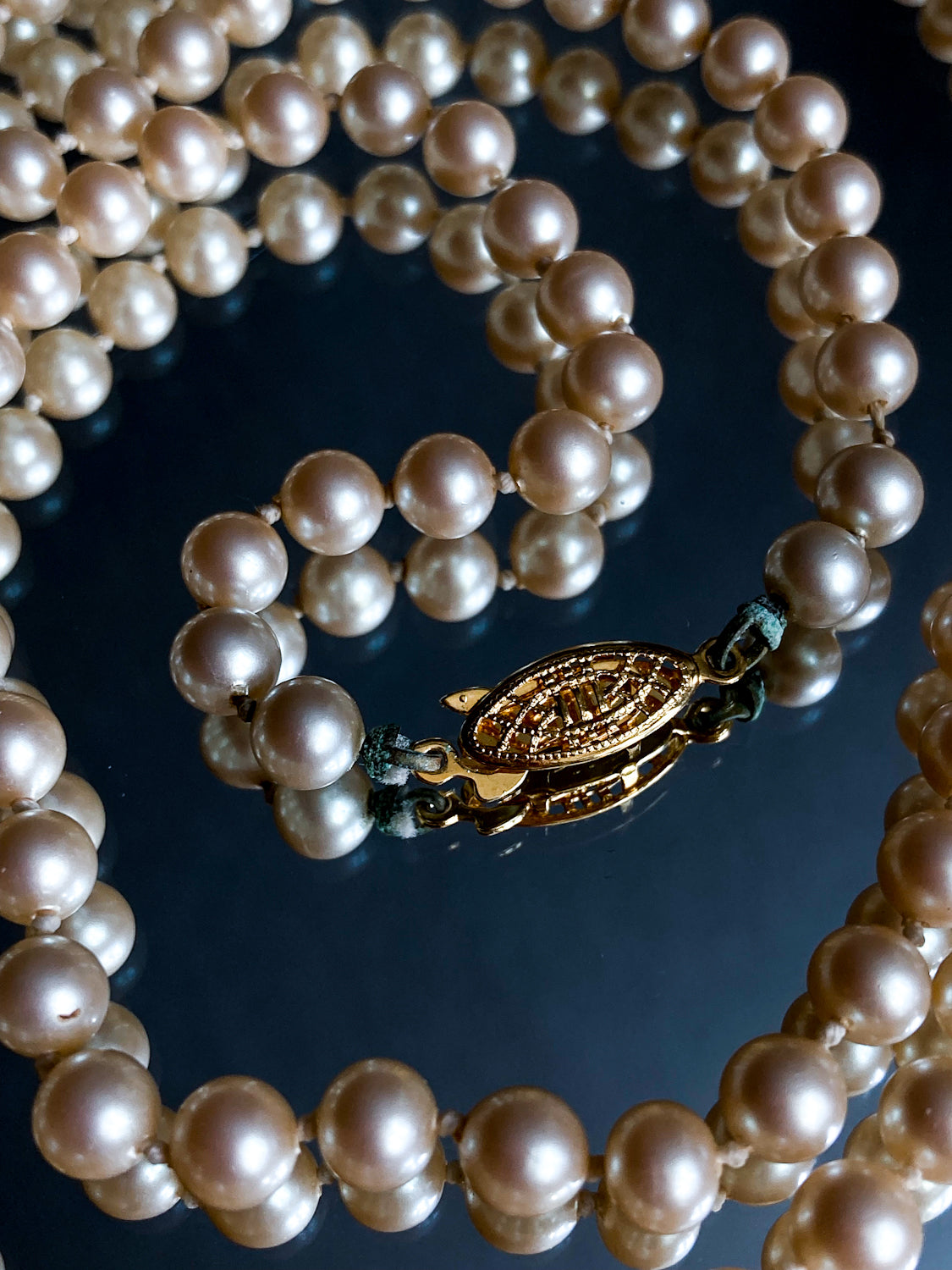 Vintage Yellow Gold Plated Silver Hand Knotted Extra Long Pearl Necklace