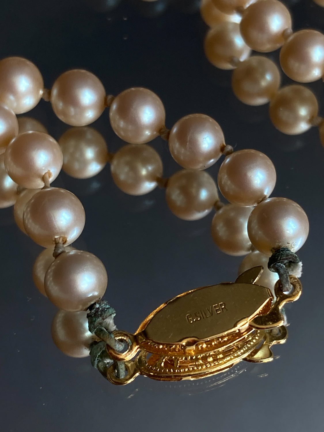 Vintage Yellow Gold Plated Silver Hand Knotted Extra Long Pearl Necklace