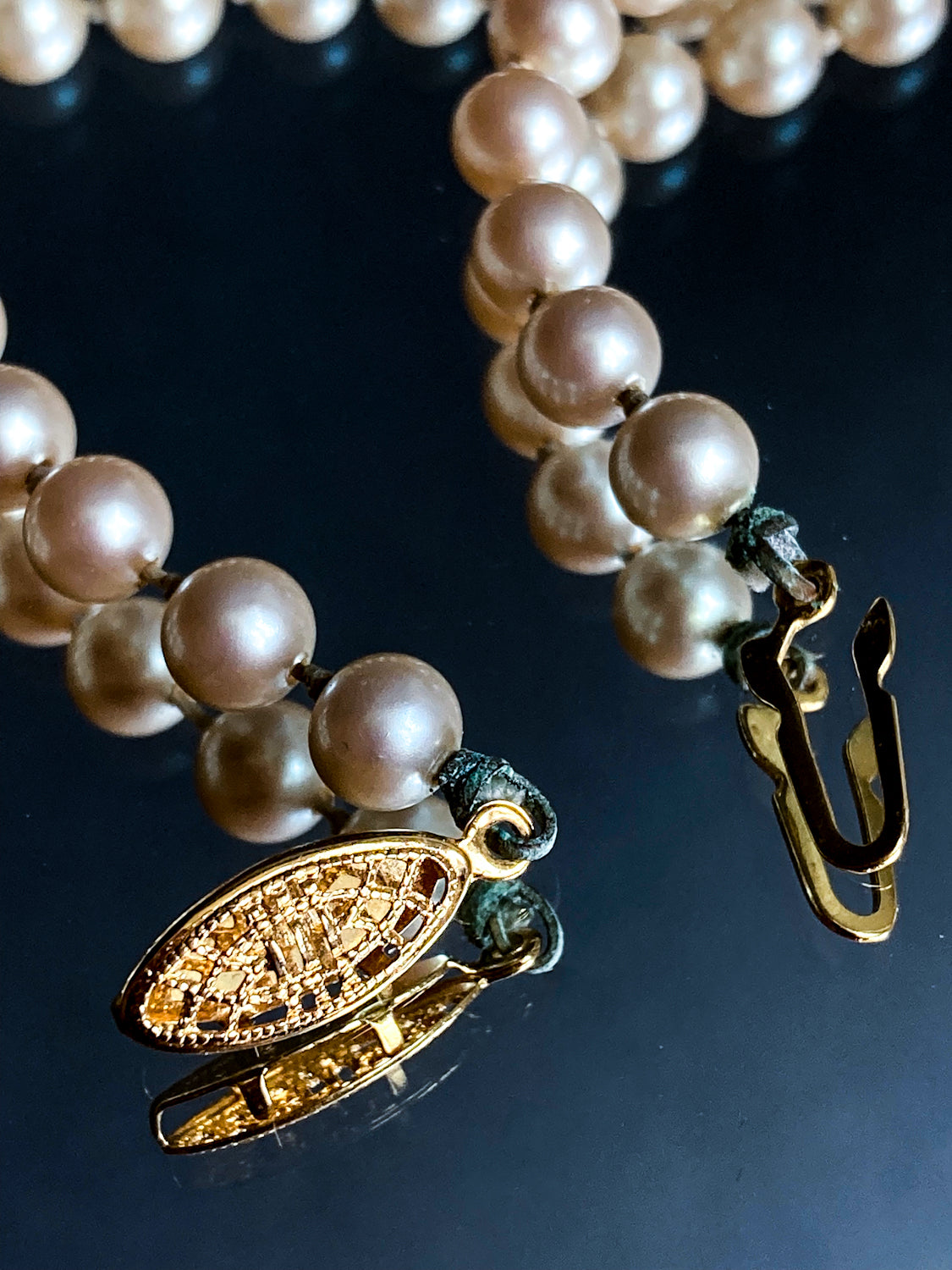 Vintage Yellow Gold Plated Silver Hand Knotted Extra Long Pearl Necklace