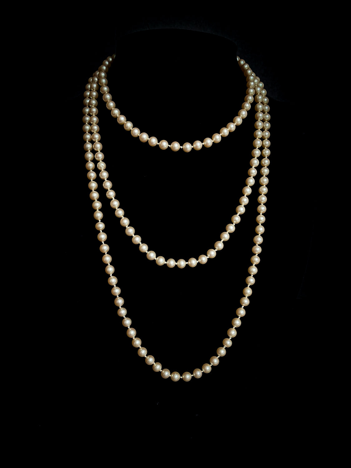 Vintage Yellow Gold Plated Silver Hand Knotted Extra Long Pearl Necklace
