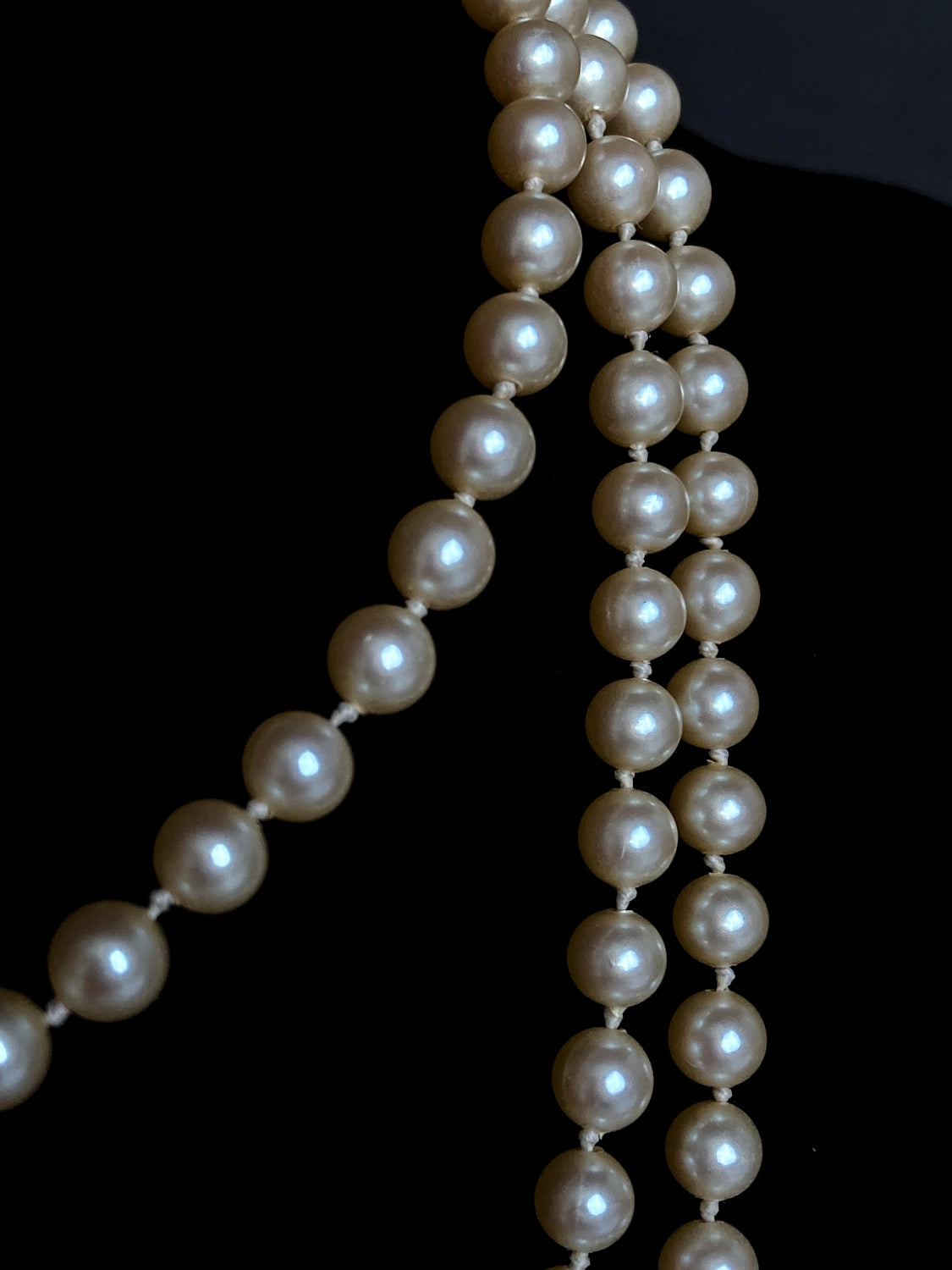 Vintage Yellow Gold Plated Silver Hand Knotted Extra Long Pearl Necklace