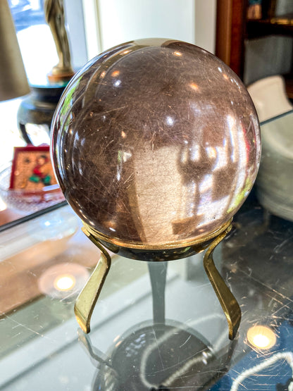 Vintage Yellow Tourmaline Stone Sphere Crystal Ball Brass Footed Stand