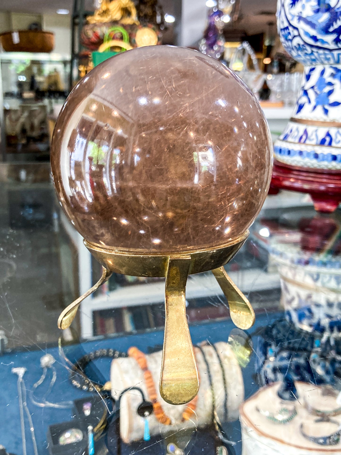 Vintage Yellow Tourmaline Stone Sphere Crystal Ball Brass Footed Stand