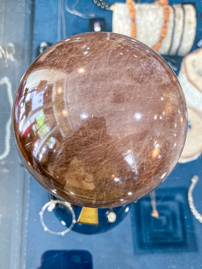 Vintage Yellow Tourmaline Stone Sphere Crystal Ball Brass Footed Stand