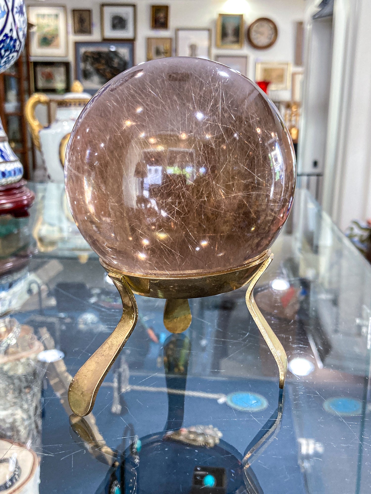 Vintage Yellow Tourmaline Stone Sphere Crystal Ball Brass Footed Stand