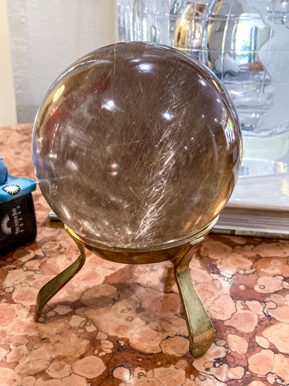Vintage Yellow Tourmaline Stone Sphere Crystal Ball Brass Footed Stand