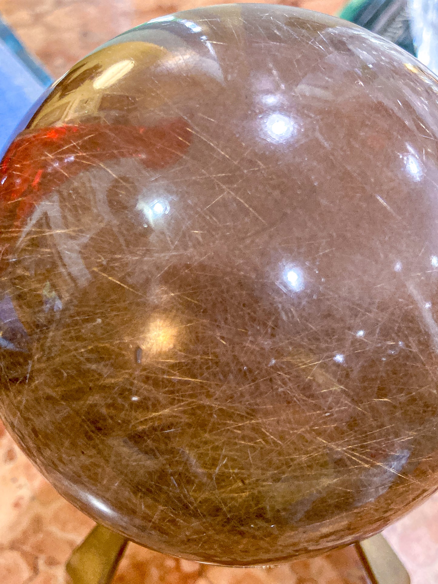 Vintage Yellow Tourmaline Stone Sphere Crystal Ball Brass Footed Stand