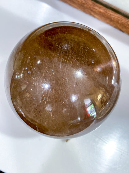 Vintage Yellow Tourmaline Stone Sphere Crystal Ball Brass Footed Stand