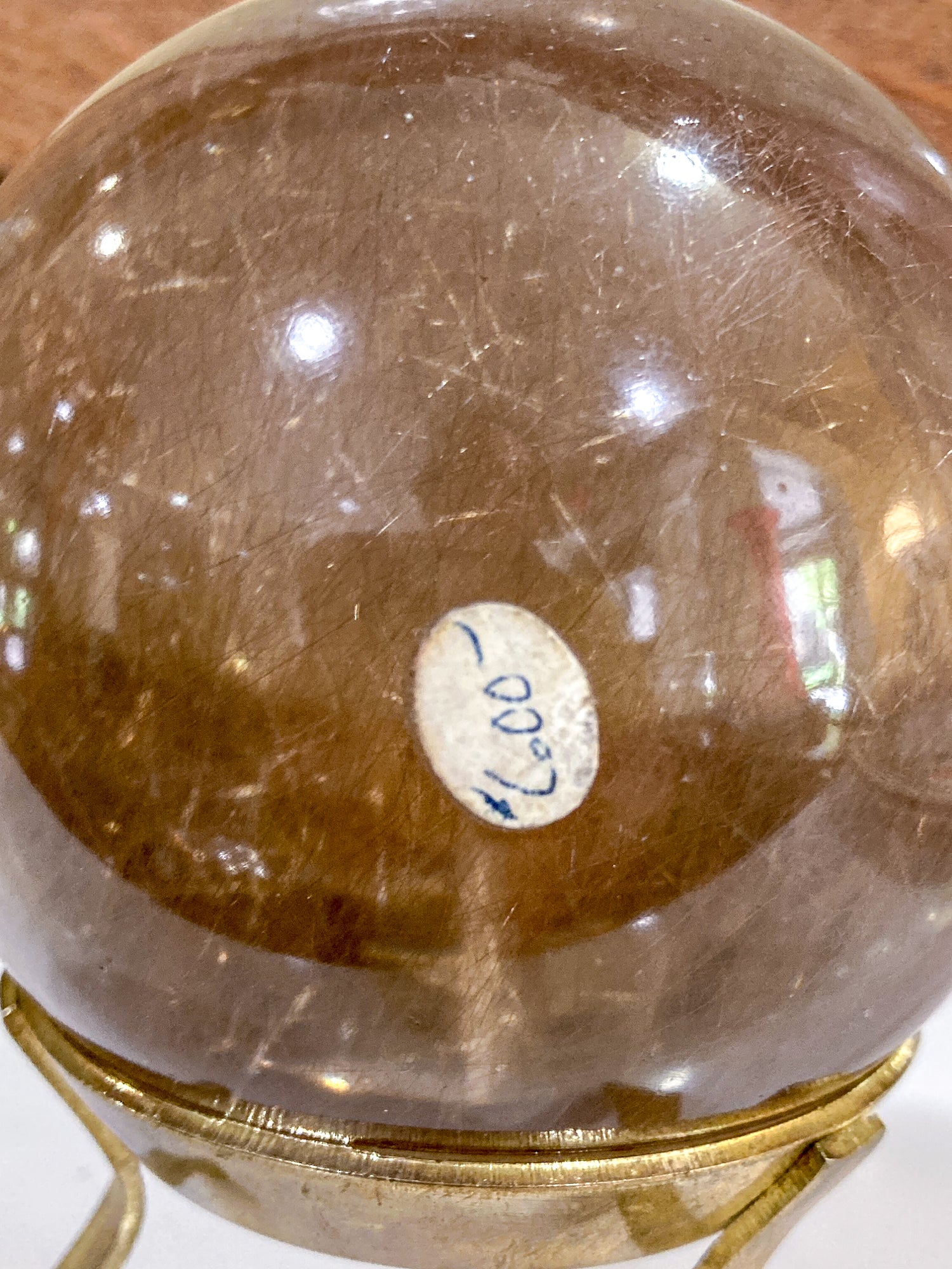 Vintage Yellow Tourmaline Stone Sphere Crystal Ball Brass Footed Stand