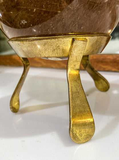 Vintage Yellow Tourmaline Stone Sphere Crystal Ball Brass Footed Stand