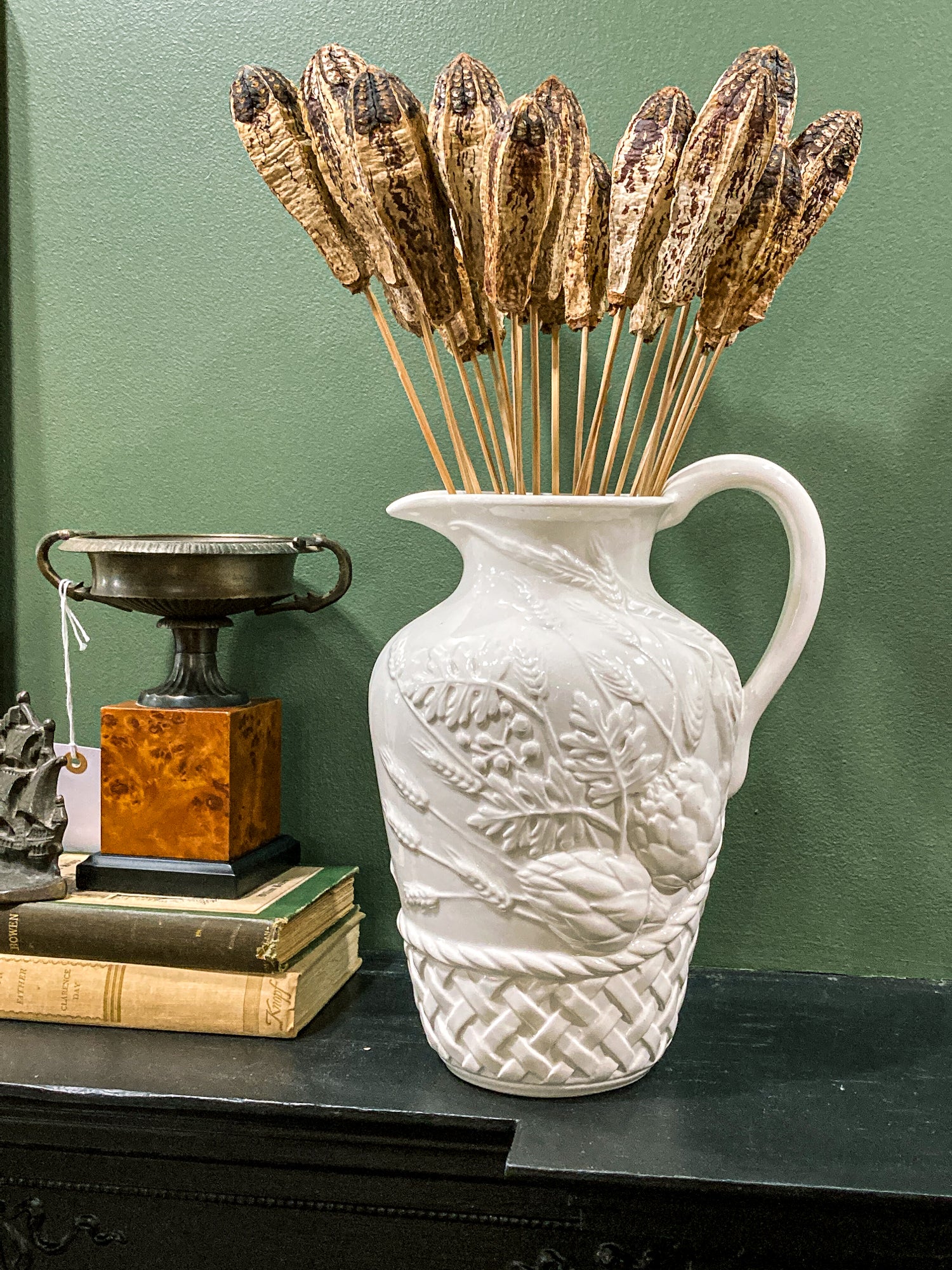 Williams Sonoma Italy Botanical Basket Motif White Ceramic Water Pitcher