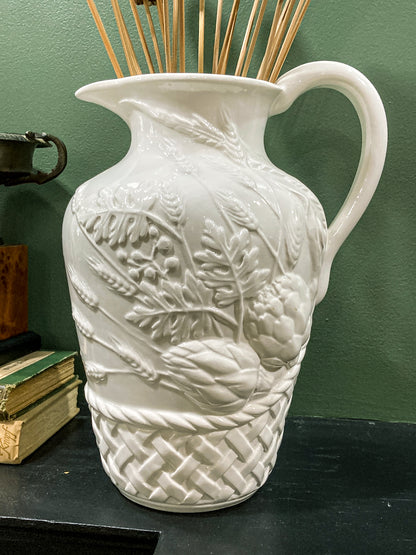 Williams Sonoma Italy Botanical Basket Motif White Ceramic Water Pitcher